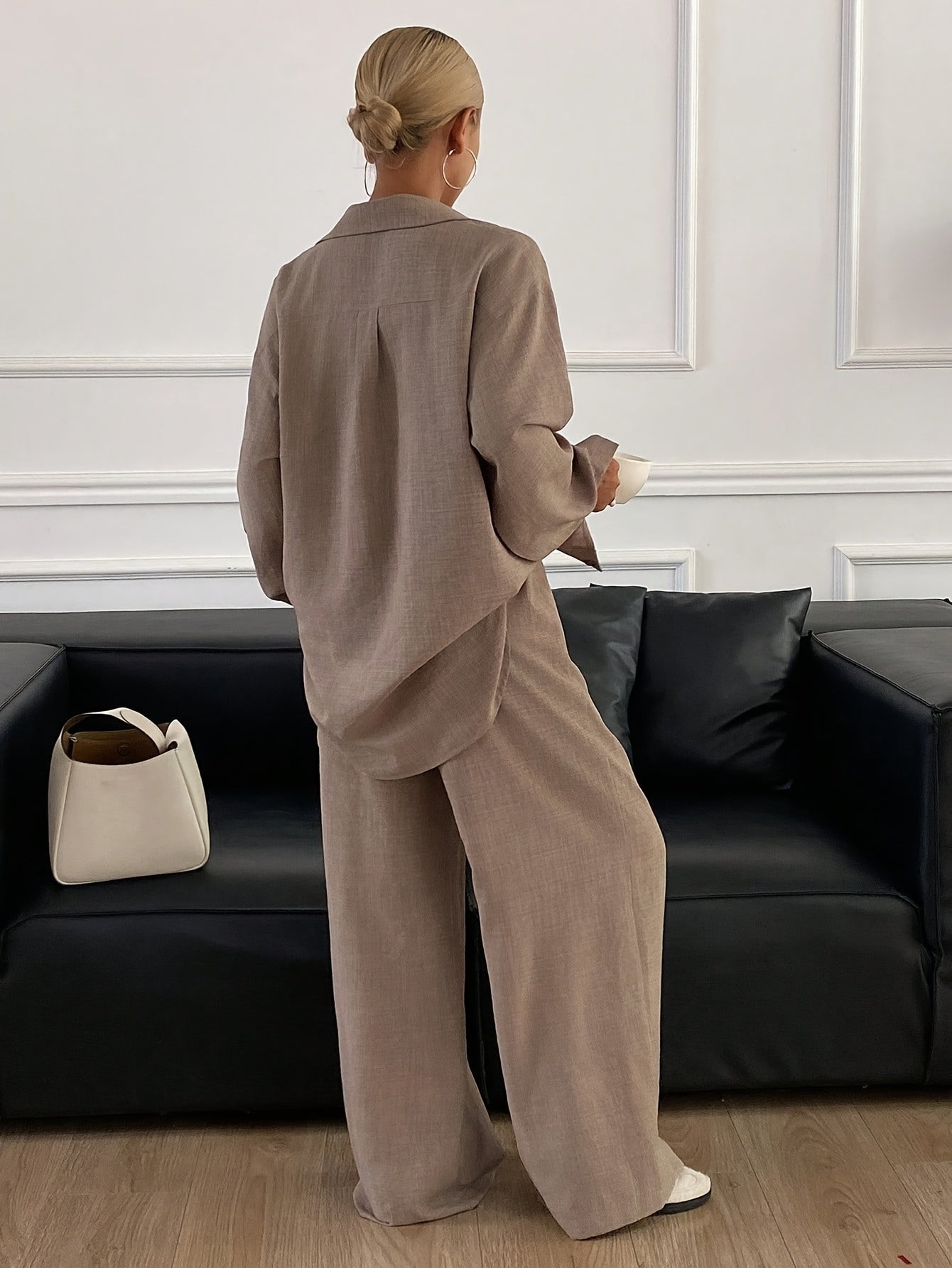 Women's Autumn/Winter Button- Solid Color Long Sleeve Shirt + Loose Fit Pants 2pcs Set