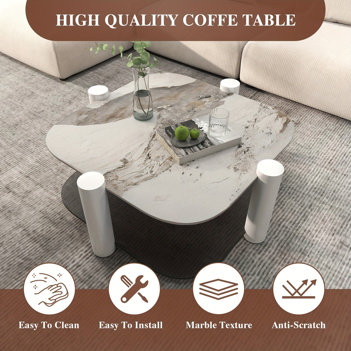 35.4 Inches Coffee Table, 2-layer Storage Space, Round Decorative Table, Rock Board And Glass Can Be Freely Matched, Suitable For Living Room, Bedroom, Small Space
