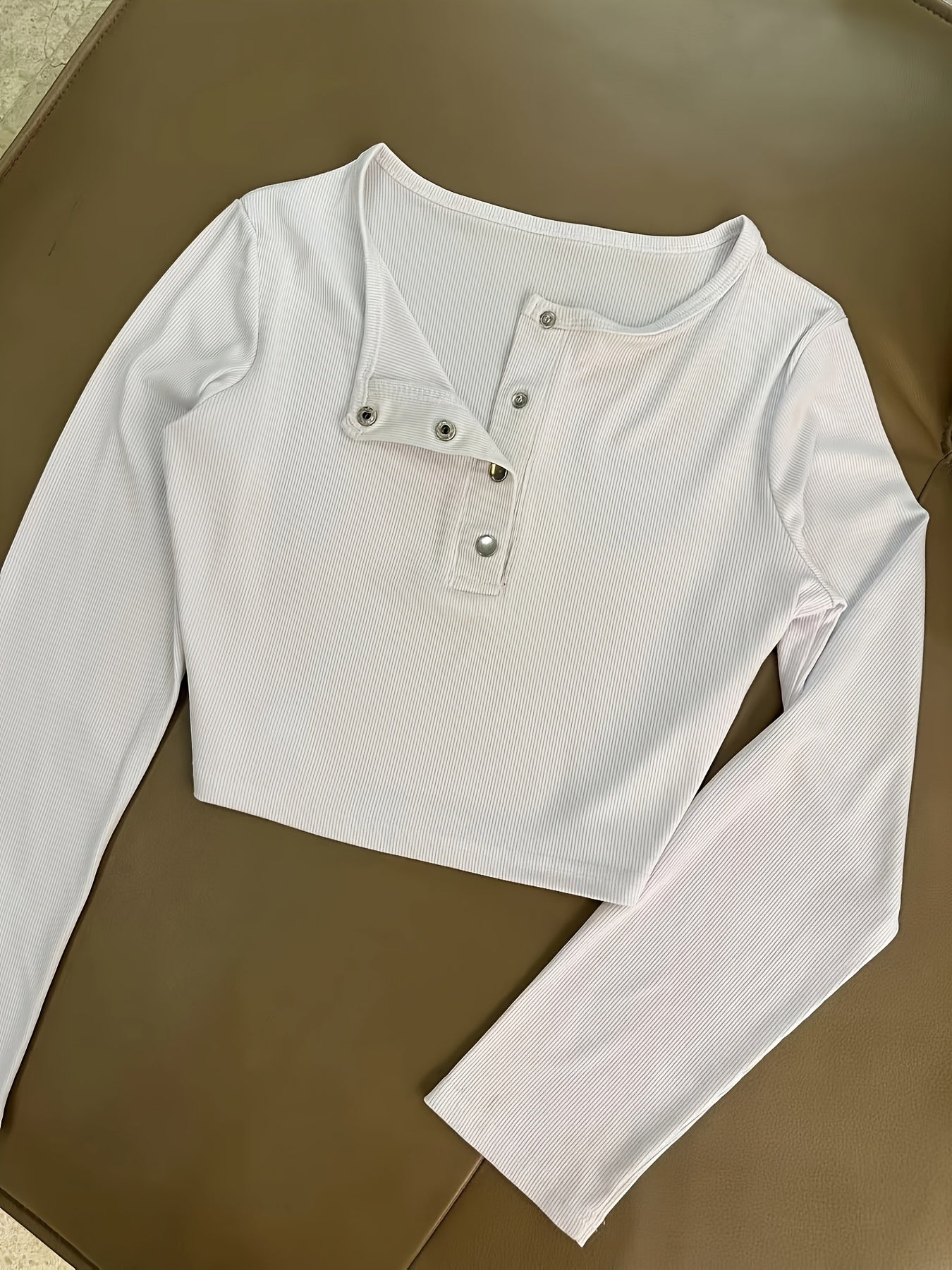 Casual Stretch Slim Fit Crew Neck Button Pullover T-Shirt + Elastic Waist Wide Leg Pants Long Set