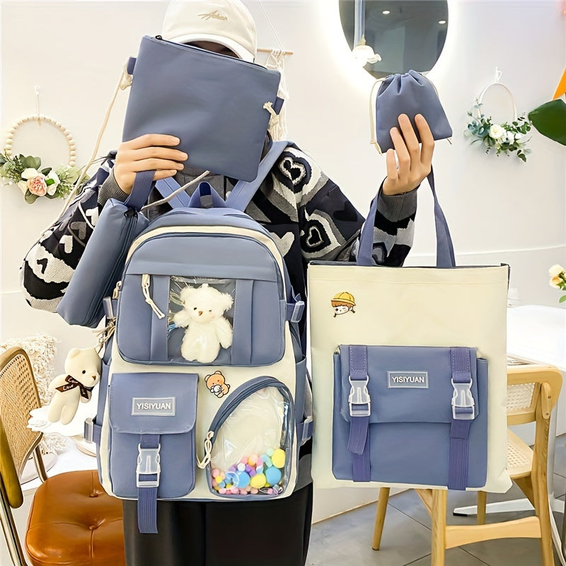 New Five-piece Backpack Korean Version Of The School Bag Women's Lightweight Harajuku Ins Casual Backpack Cute Bear Pendant Backpack