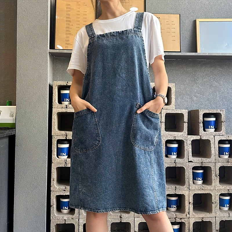 1pc Japanese Korean Style Pure Cotton Canvas Denim Apron, Washable Kitchen Bib, Workwear, Kitchen Apron With Front Pockets, Kitchen Supplies