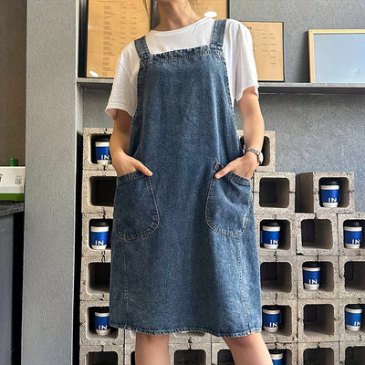1pc Japanese Korean Style Pure Cotton Canvas Denim Apron, Washable Kitchen Bib, Workwear, Kitchen Apron With Front Pockets, Kitchen Supplies