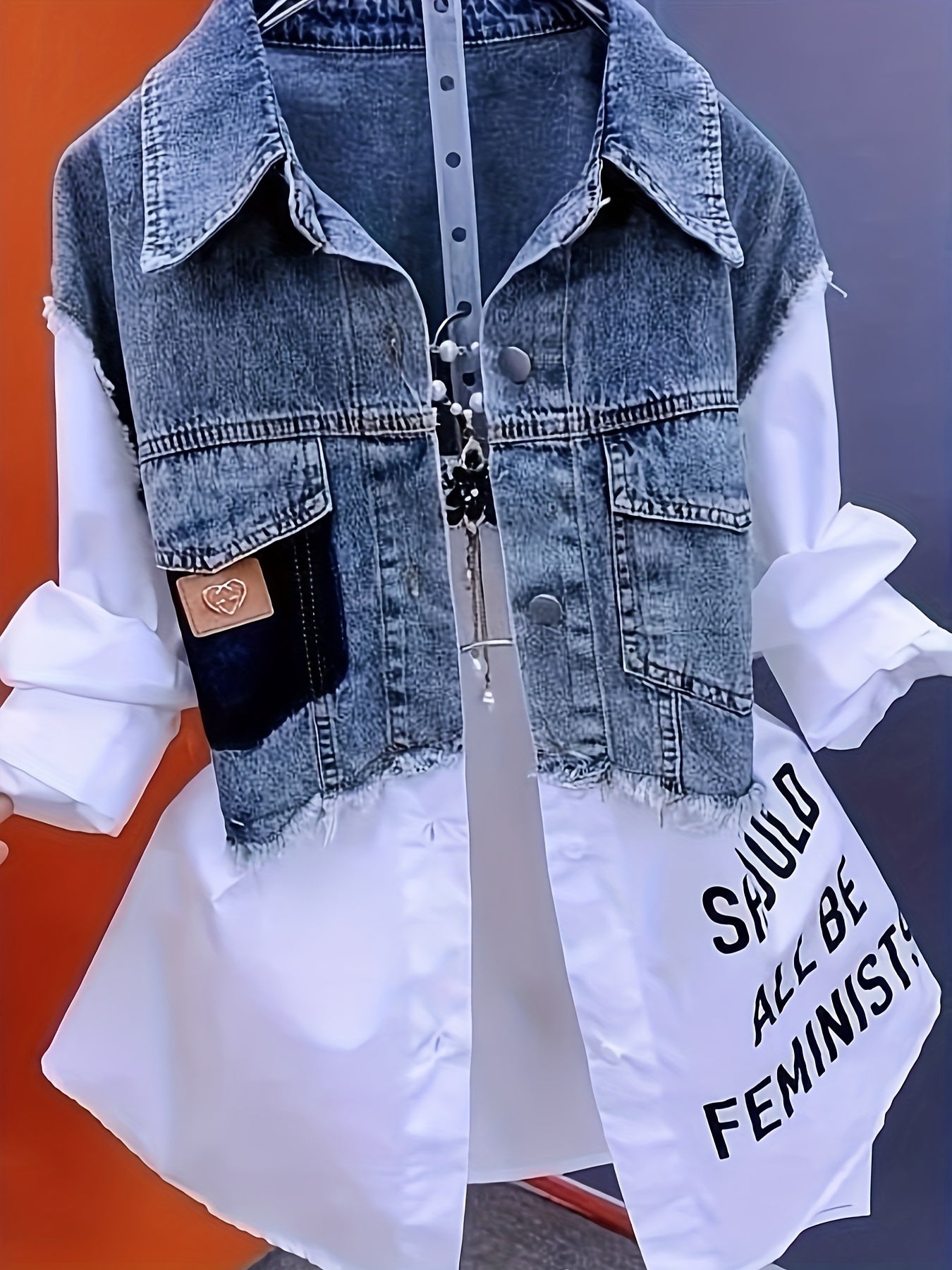 Women's Denim Jacket with White Puffed Sleeves & "SAUL BE ALRIGHT" Patch - Casual Button-Front Korean Streetwear Coat, Machine-Washable All-Season Layering Piece for Women