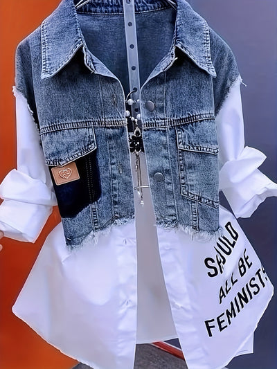 Women's Denim Jacket with White Puffed Sleeves & "SAUL BE ALRIGHT" Patch - Casual Button-Front Korean Streetwear Coat, Machine-Washable All-Season Layering Piece for Women