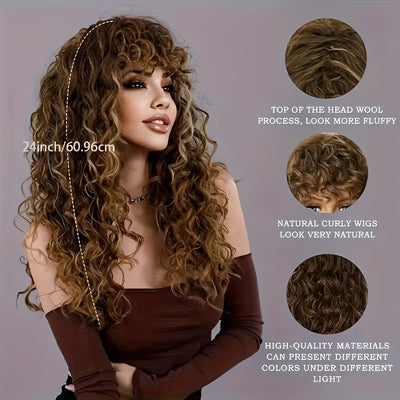 24" Heat Resistant Synthetic Body Wave Curly Wig with Bangs