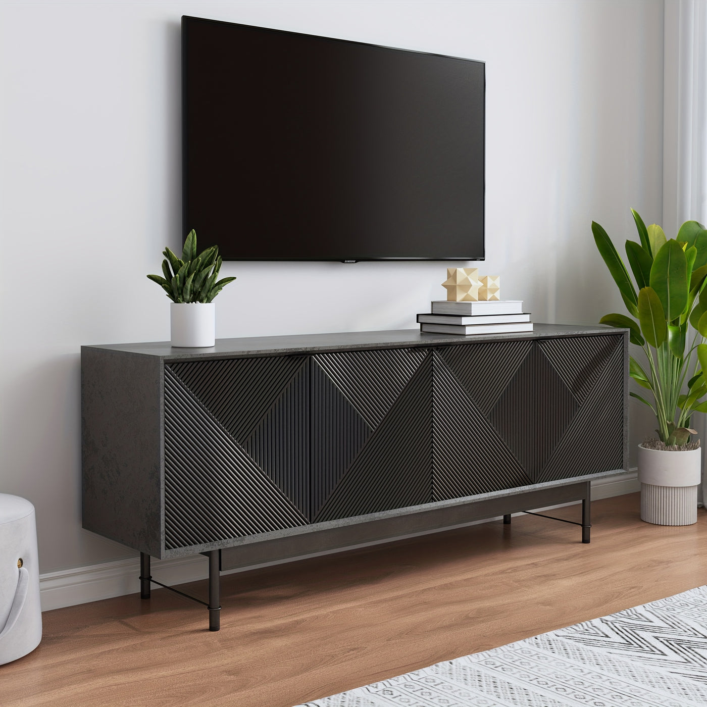 66" Modern TV Stand with Storage Cabinet - Mid-Century Modern Design, Black Artificial Wood & Metal Frame, 3, 2+ Cubic Feet Storage, 27" Height, Fits 55/60/65 Inch TVs, Easy Assembly for Living Room, Tv Table for Living Room,