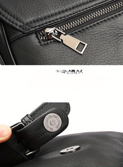 Genuine Leather Unisex Crossbody Messenger Bag - Sleek Minimalist Design with Adjustable Strap, Multiple Compartments & Metal Hardware, Black for Men & Women, Casual & Professional Use, Versatile Travel Purse | Korean Fashion