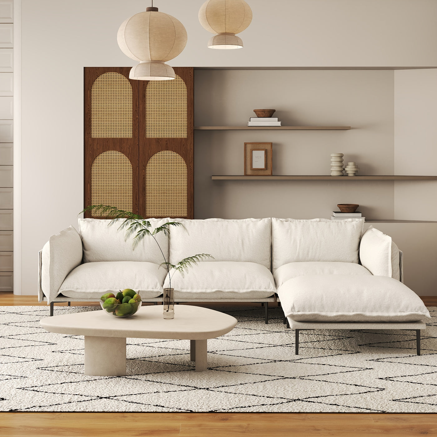 111" L-Shaped Modular Sectional Sofa - 3-Seater Cloud Couch with Movable Ottoman, Deep Seat Low Plush White Modern Sofa for Living Room, Metal Frame & Pillow Backrest, No Assembly Required, Sectional Sofa for Living Room, Ver