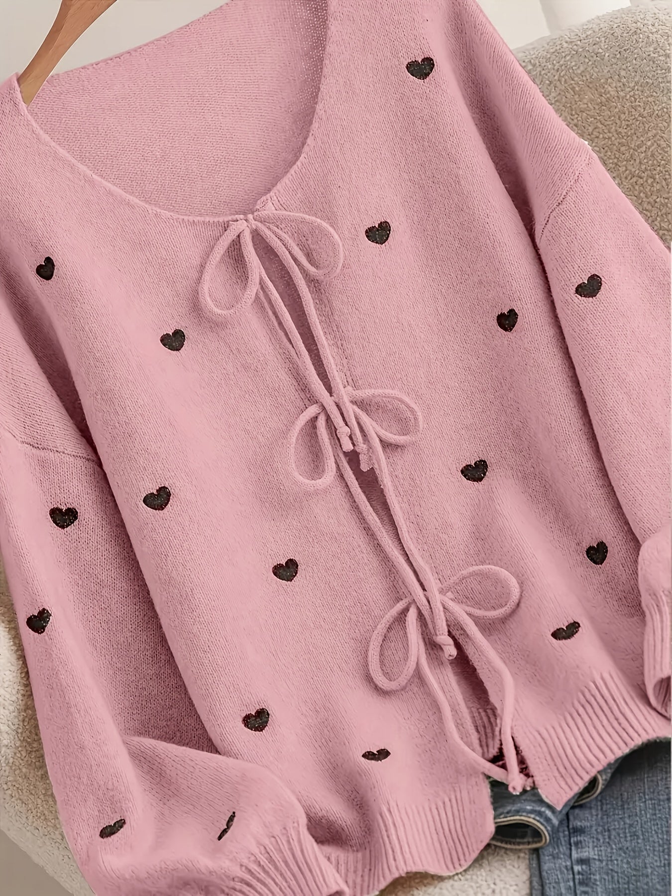 Women'S Soft Pink Sweater - Pastel Pink Cardigan with Front Tie-Waist, Heart Pattern, Boat Neck Longline Blouse for Fall/Winter Layering - Cozy Chic Sweater for Everyday Formal Outfits, Cute Sweaters, Winter Wardrobe, Feminin