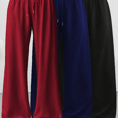 3pcs Women's Casual Wide-Leg Pants, Elastic Waistband - Loose Fit Medium Stretch Fabric, Machine Washable, Spring Summer Autumn Casual Wear, Athletic Joggers