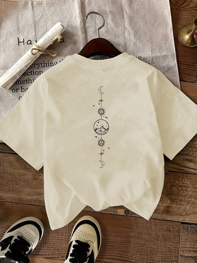 Women's Black & White Celestial Print Short Sleeve T-Shirt - Front & Back Moon & Stars Graphic, Medium Stretch Round Neck Casual Top, Machine Washable All-Season Comfort Fit, Everyday Top | Stylish Back Print | Quality Casual