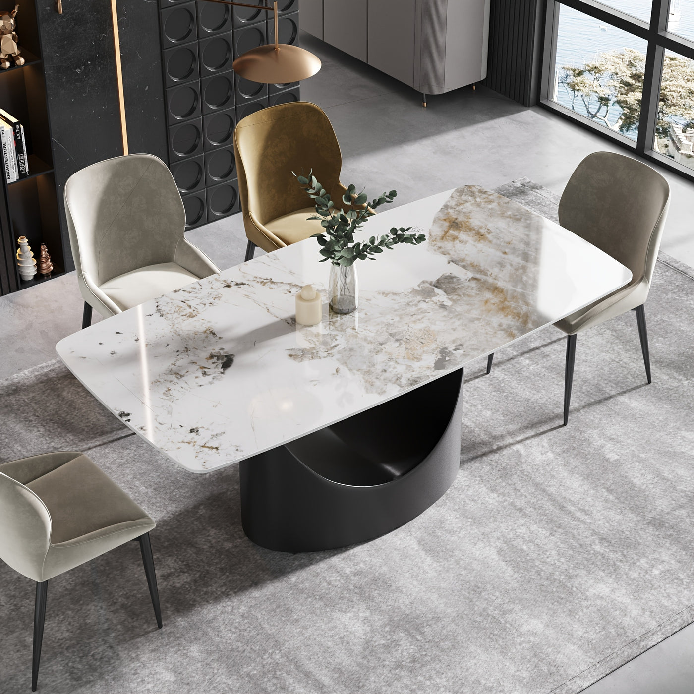 Modern Rectangle Marble Dining Table(Dining Table Only, Chairs Not Included), Marble Sintered Stone Top Dining Table, Rectangle Dining Room Table With Unique U-Shape Carbon Steel Pedestal For Kitchen/Living Room