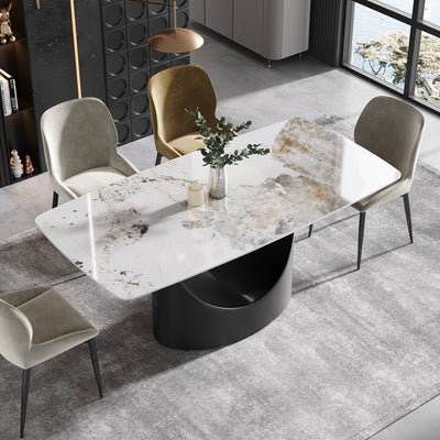 Modern Rectangle Marble Dining Table(Dining Table Only, Chairs Not Included), Marble Sintered Stone Top Dining Table, Rectangle Dining Room Table With Unique U-Shape Carbon Steel Pedestal For Kitchen/Living Room