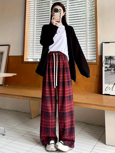 Women's Black & White Plaid Wide-Leg Pants - All-Season Loose Trousers with Drawstring Waist, Non-Transparent Casual Everyday & Formal Outfits, Machine Washable Elegant Pants for Women, Comfortable Clothing, Korean Fashion St
