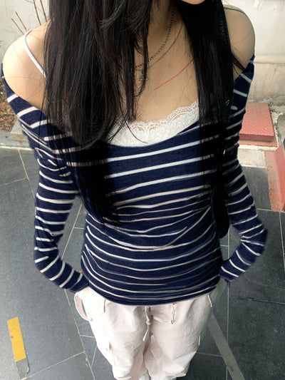 Japanese and Korean Special Targeted Elegant Basic Large Round Neck Slimming Long Sleeve Striped Top