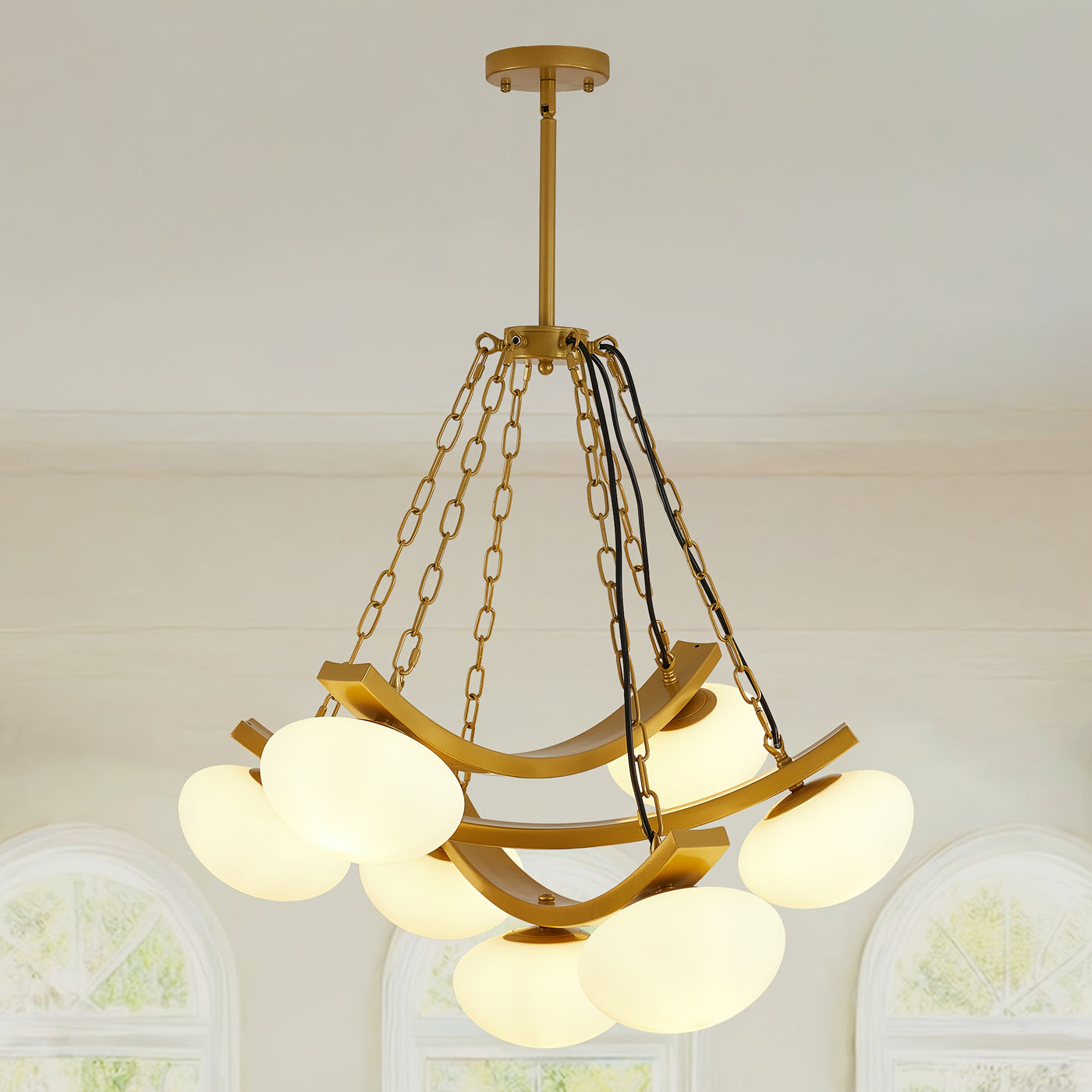 7-Light Golden Modern Sputnik Chandelier, Mid Century for Dining Room Light Fixtures Over Table, Adjustable Hanging Ceiling Light Fixture with Globe Glass Shades for Kitchen Island Living Room Bedroom, Dining Table Light, Cha