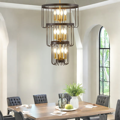 18 Inch Farmhouse Chandelier - 12-Light Adjustable Tiered Pendant Light Fixture, Black & Golden Modern Rust-Resistant Metal Lantern for Entryway, Staircase, Foyer, Dining Room - Semi-Flush Mount, E12 Bulb Compatible (Bulbs No