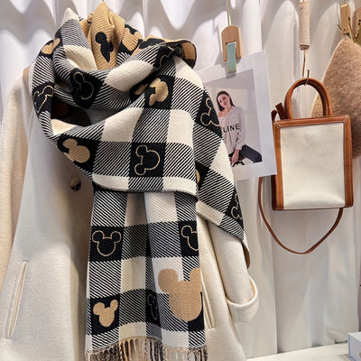 1pc Elegant Polyester Scarf for Women - Double-Sided Heart Check Pattern, Korean Tassel, Warm Shawl, Thick Versatile Wrap, Windproof, Decorative, Non-Elastic, Jacquard and Printed Design, Suitable for Mature Occasions