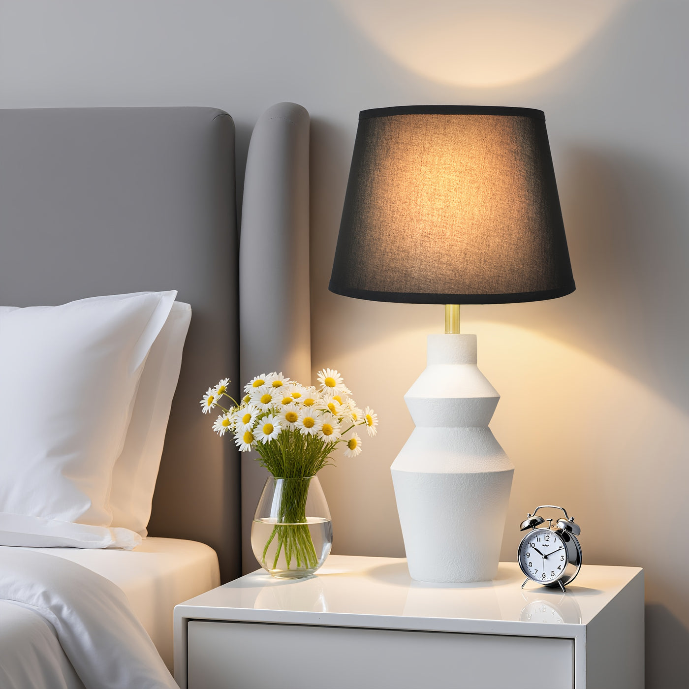 Modern Farmhouse Table Lamp with White Cement Base & Black Linen Shade - Rustic Single Bedside Lamp with Switch, Sturdy for Bedroom, Living Room, Office - Compatible with E27 (Bulb Not Included) - Ideal Housewarming Gift, Min