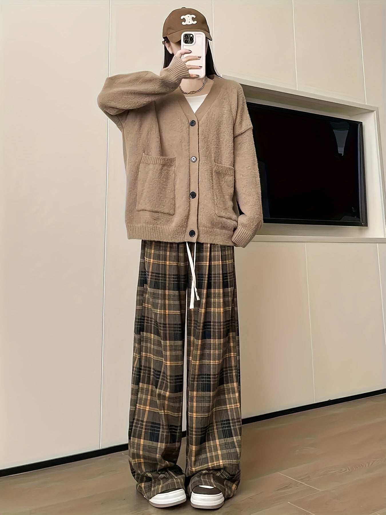 Women's Black & White Plaid Wide-Leg Pants - All-Season Loose Trousers with Drawstring Waist, Non-Transparent Casual Everyday & Formal Outfits, Machine Washable Elegant Pants for Women, Comfortable Clothing, Korean Fashion St