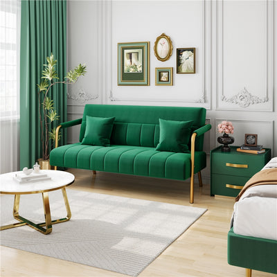 Costoffs Velvet Fabric Sofa Couch, 56.5″ W Modern Loveseat Couch with Gold-tone Metal Arms, Legs & 2 Pillows, Sofa for Living Room, Bedroom Furniture, Halloween Gift, Pink/Green/Gray