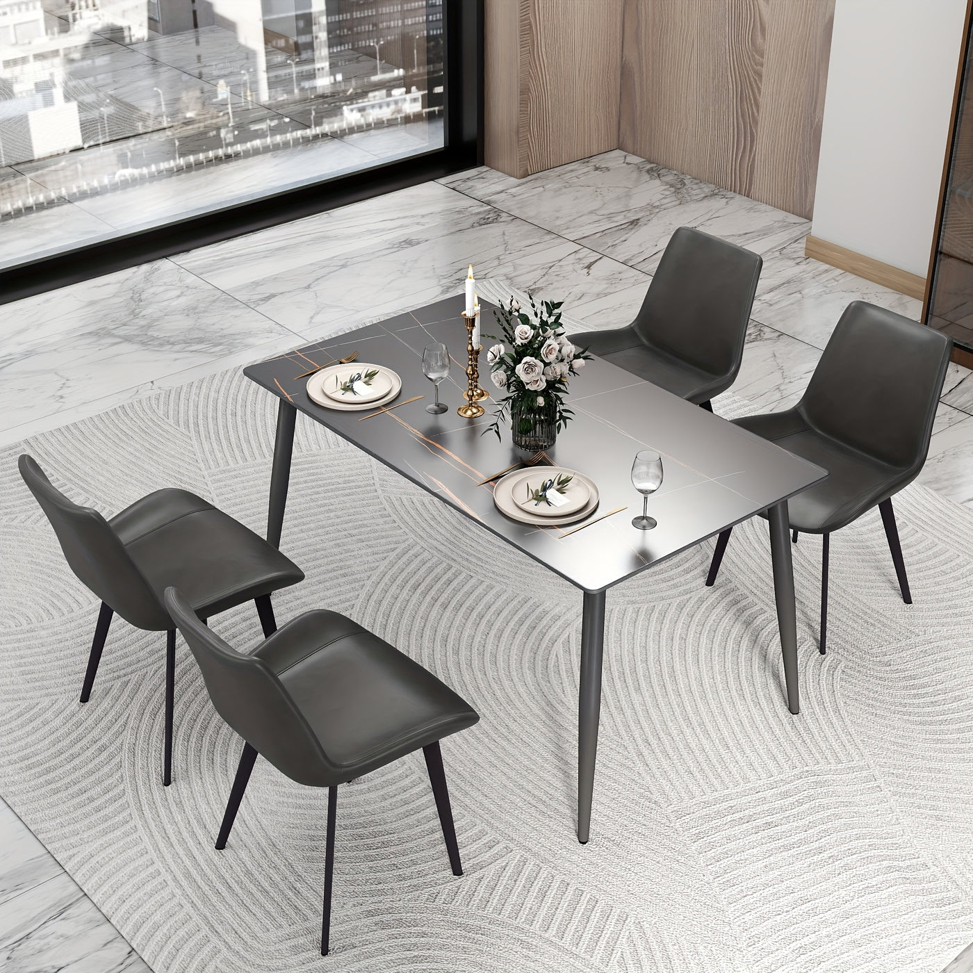 Modern White Sintered Stone Dining Table with Solid Carbon Steel Legs - Space-Saving Rectangular Table for Small Spaces, Easy Assembly, Scratch & Heat Resistant, 200lb Weight Capacity, Marble-Like Surface, Ideal for Apartment