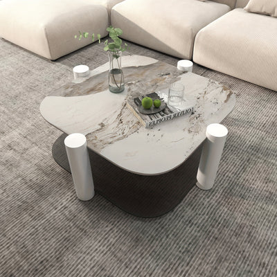 35.4 Inches Coffee Table, 2-layer Storage Space, Round Decorative Table, Rock Board And Glass Can Be Freely Matched, Suitable For Living Room, Bedroom, Small Space