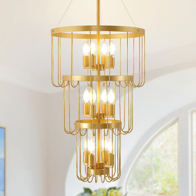18 Inch Farmhouse Chandelier - 12-Light Adjustable Tiered Pendant Light Fixture, Black & Golden Modern Rust-Resistant Metal Lantern for Entryway, Staircase, Foyer, Dining Room - Semi-Flush Mount, E12 Bulb Compatible (Bulbs No