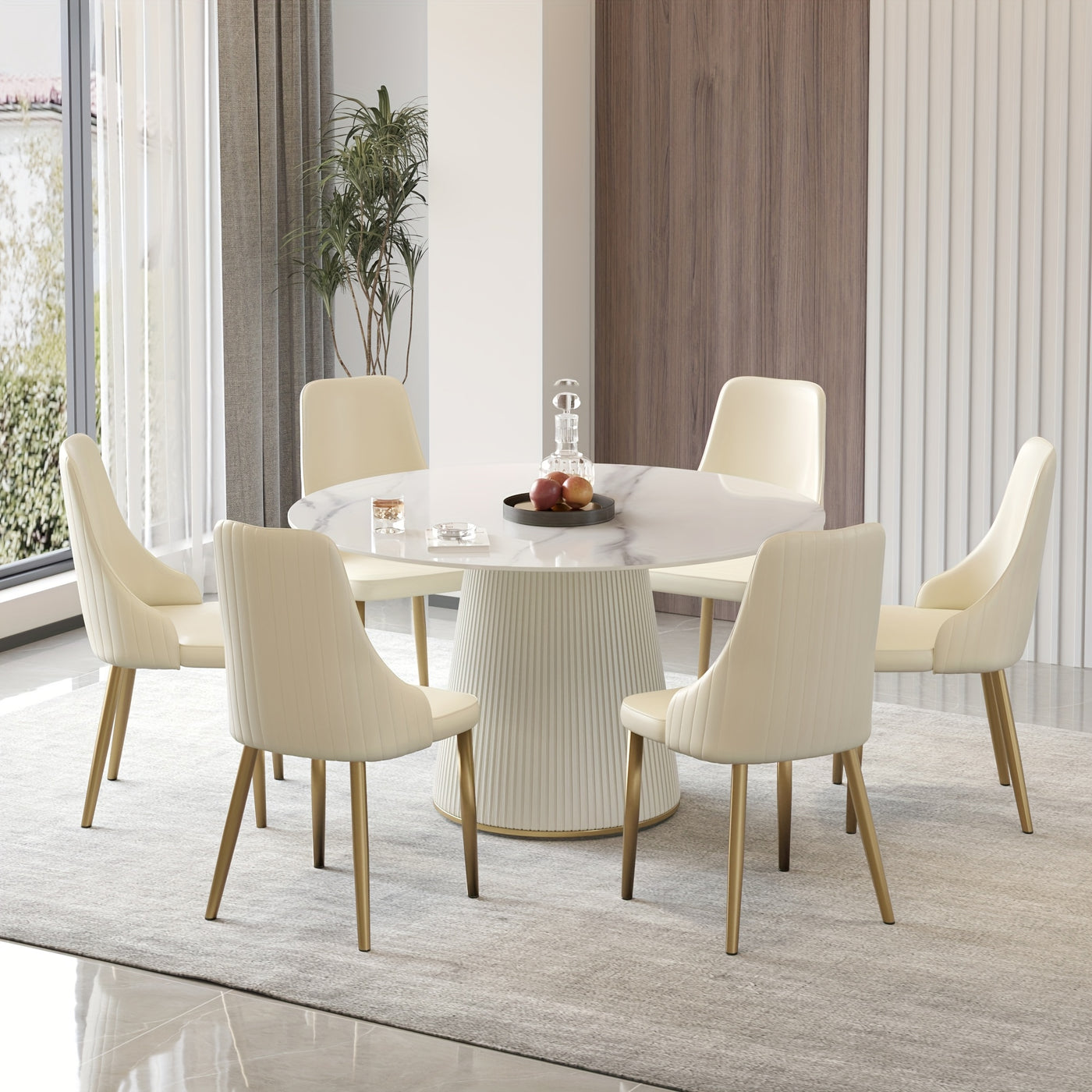Round Dining Table For 6-8(Dining Table Only, Chairs Not Included), Marble Dining Room Table Round Kitchen Table, Glossy Sintered Stone Tabletop With Solid Metal Base, Circle Dining Table For Kitchen Dining Room Restaurant