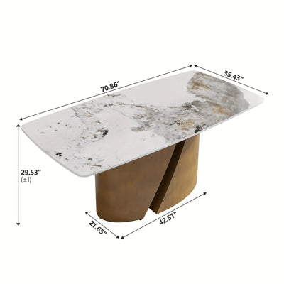 Modern Marble Dining Table for 6-8(Chairs Not Included), 63" White Rectangle Dining Table, Luxury Sintered Stone Dining Tabletop with Bronze Carbon Steel Pedestal Dinner Table for Kitchen Dining Room