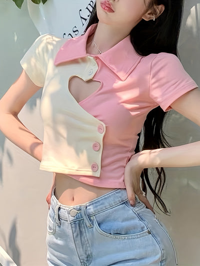 [Summer Chic Shirt] Stretchy Polyester Women's Heart Cut-Out Color-Block Shirt | Short Sleeve Top with Waist Accent, Summer Casual Chic Blouse
