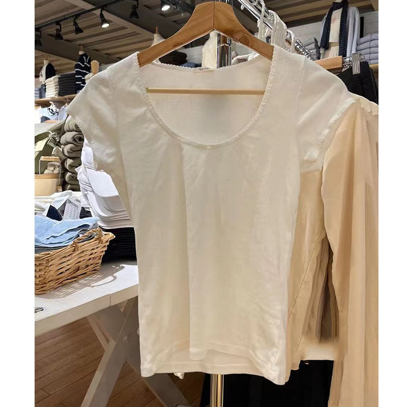 Cotton Round Neck White BM Ruffled Short Sleeves T-shirt Slim Top