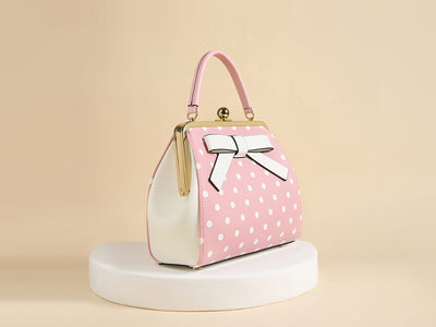 [Elegant Handbag] High Quality Lacquered Handbag | 2024 Autumn New Korean Polka Dot for Women - Kiss Lock Closure, Removable Shoulder Strap & Bow Detail, Glossy Patent Look (Black/White, Bronze, Pink & White) - Perfect for We