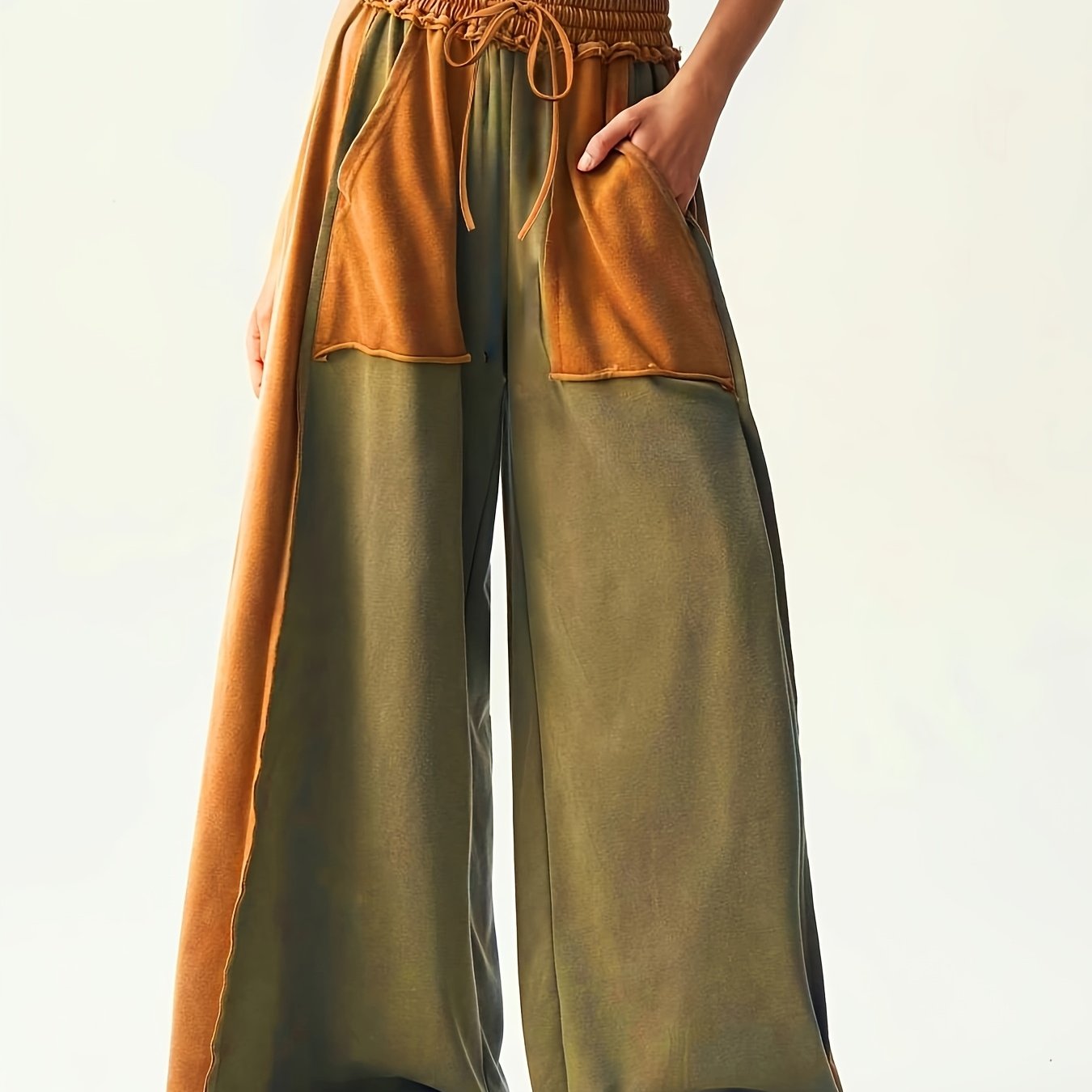 High-Waisted Wide-Leg Pants with Two-Tone Patchwork