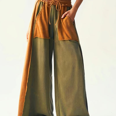 High-Waisted Wide-Leg Pants with Two-Tone Patchwork