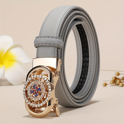 Ladies Leather Belt Leather Automatic Button Leather Fashion Korean Version Of The New Green Jeans Belt With White Decoration