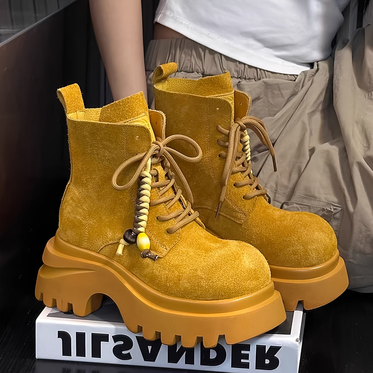 Women'S Chunky Platform Ankle Boots - Mustard Yellow Lace-Up Boots with Non-Slip Rubber Sole, Round Toe & Thick Heel for Casual & Formal Outfits - Spring/Fall Fashion Footwear, High Heel Boots, Versatile Footwear, Durable Con