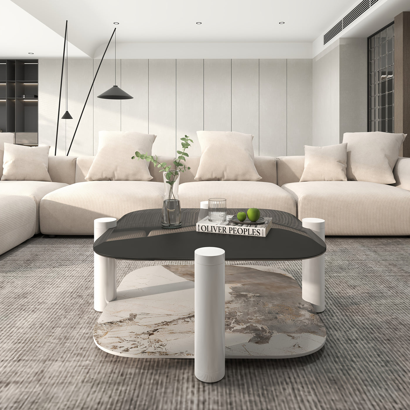 35.4 Inches Coffee Table, 2-layer Storage Space, Round Decorative Table, Rock Board And Glass Can Be Freely Matched, Suitable For Living Room, Bedroom, Small Space