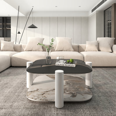 35.4 Inches Coffee Table, 2-layer Storage Space, Round Decorative Table, Rock Board And Glass Can Be Freely Matched, Suitable For Living Room, Bedroom, Small Space