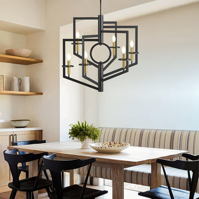 6-Light Black Chandelier for High Ceilings - Modern Adjustable Geometric Metal Fixture with Powder-Coated Finish, Semi-Flush Mount Entryway & Dining Room Lighting, E12 Bulb Compatible, No Assembly Required, Staircase Illumina
