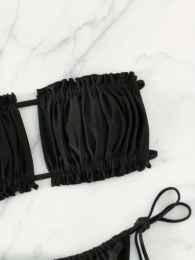 [Ruched Bra Top Bikini] Two Piece Ruched Bra Top Bikini Swimsuit - Double Drawstring Bandeau Tie Side High Cut - Women's Swimwear