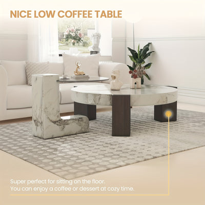 Modern Round Nesting Coffee Tables Set Of 2, Coffee Tables with Faux Marble Texture Surface And C-Shaped Side Table, Nesting Coffee Tables for Living Room/Apartment, Nesting Coffee Table Set, Coffee Table for Living Room, Cof