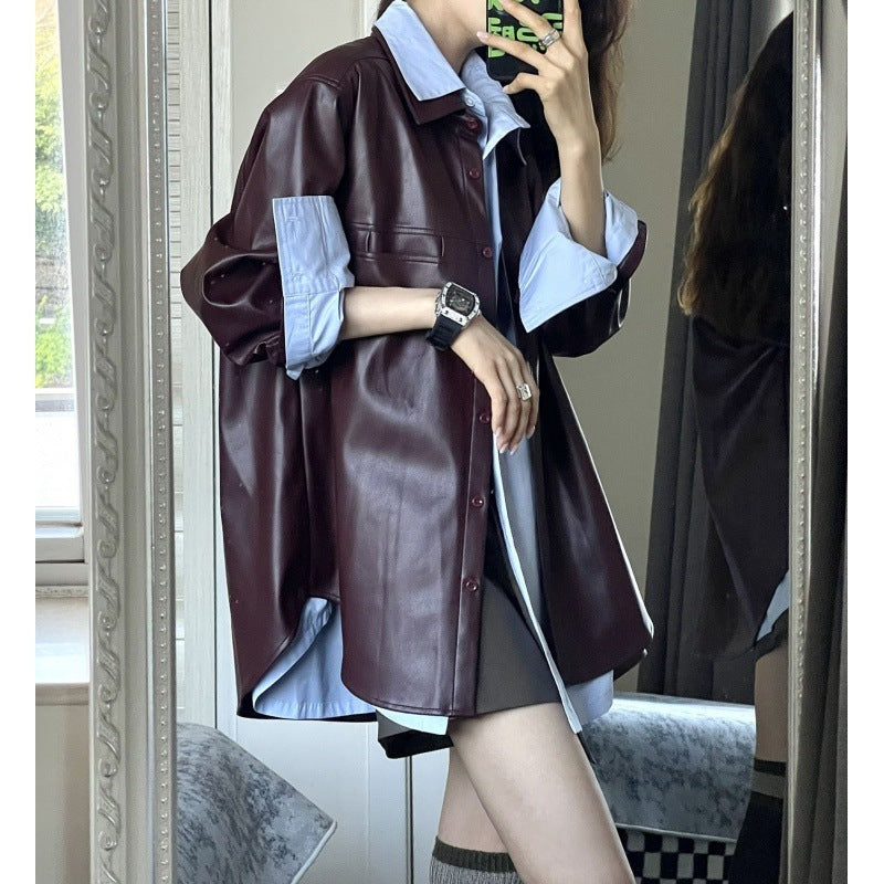Grape Purple PU Leather Coat Women's Retro