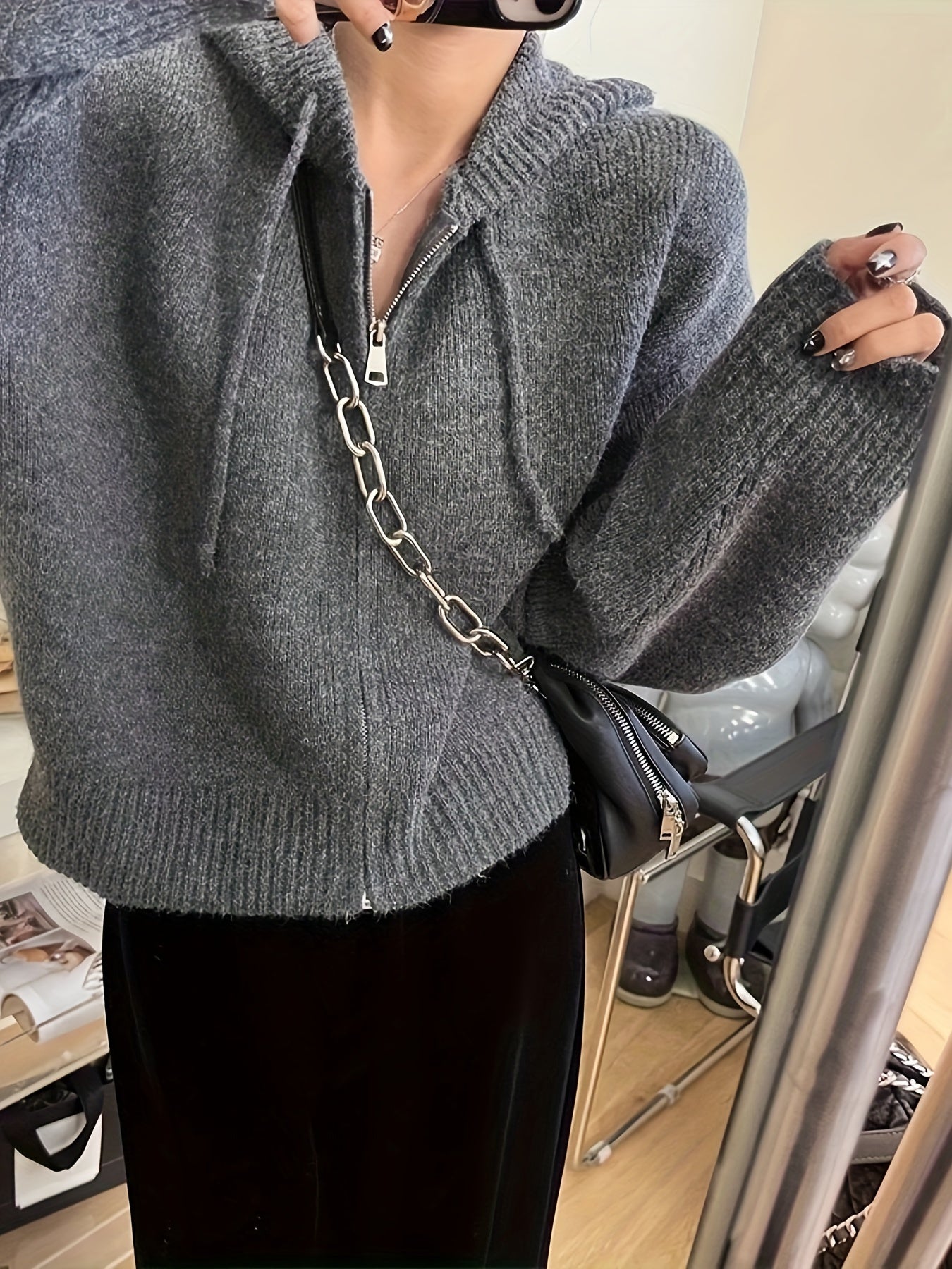 Solid Zipper Drawstring Hooded Cardigan, Casual Long Sleeve Loose Cardigan For Fall & Winter, Women's Clothing