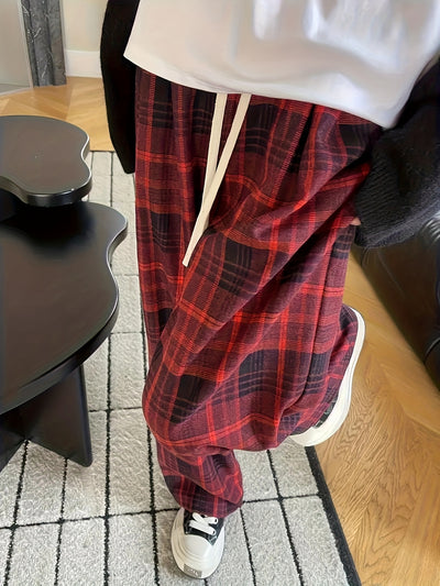 Women's Black & White Plaid Wide-Leg Pants - All-Season Loose Trousers with Drawstring Waist, Non-Transparent Casual Everyday & Formal Outfits, Machine Washable Elegant Pants for Women, Comfortable Clothing, Korean Fashion St