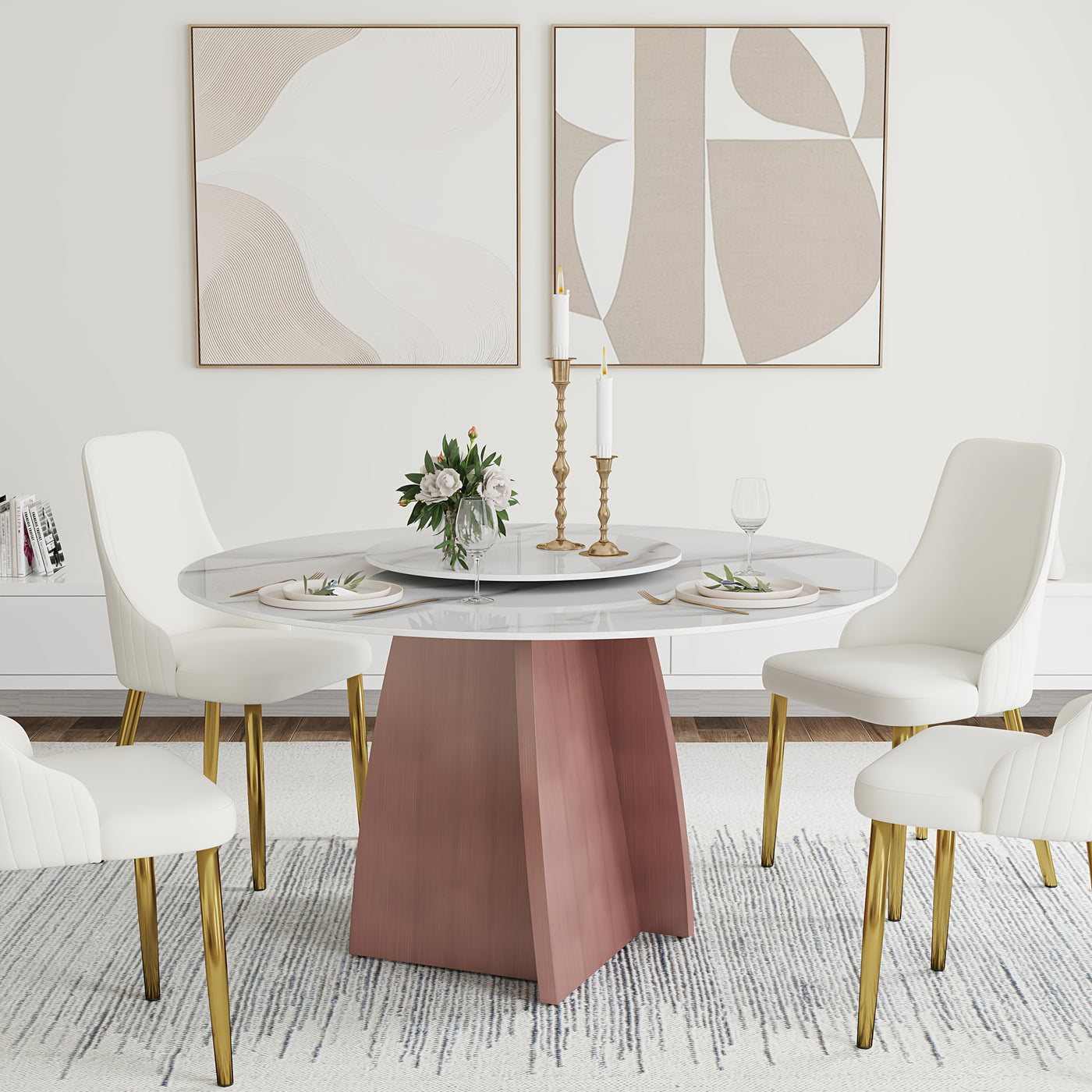 Dining Table for 6 - Sintered Stone Round Dining Table(Chairs Not Included), Modern Marble Dining Table, Glossy White Stone Tabletop, Circle Dining Table for Dining Room, Table Only