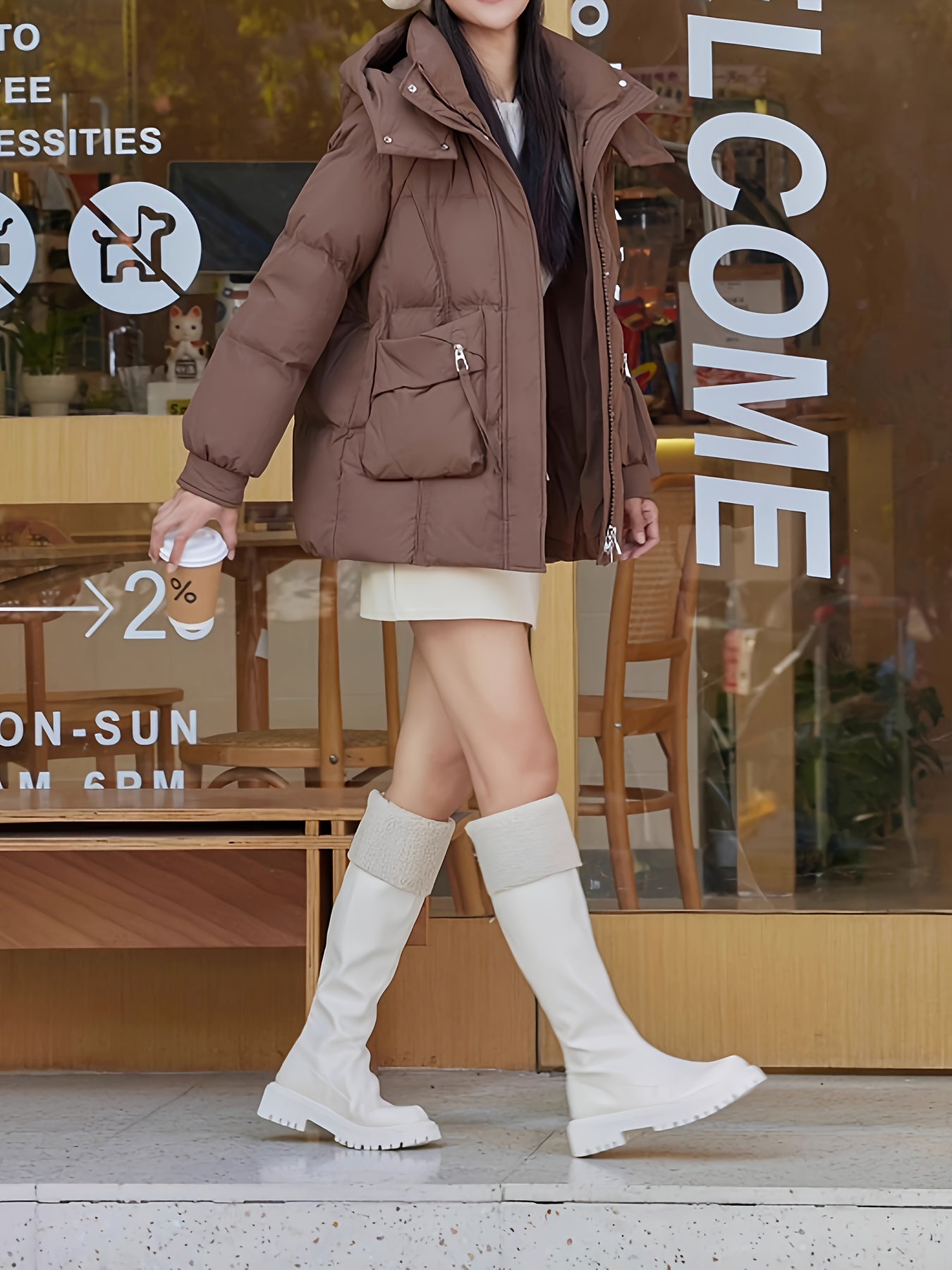 Women's Fashion Korean Style Mid-Length Puffer Coat, Thickened Warmth with Hood, Solid Color, Non-Stretch Polyester, Casual Loose Fit, Long Sleeve, Zipper Front, 180g Down, Winter Outerwear