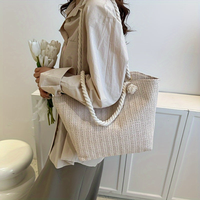 2024 Ladies Large Capacity Beach Bag Handbag, Versatile Fashion Korean Fashion Shoulder Bag, Pastoral Style Woven Bag