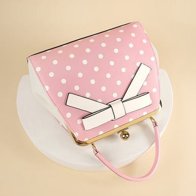 [Elegant Handbag] High Quality Lacquered Handbag | 2024 Autumn New Korean Polka Dot for Women - Kiss Lock Closure, Removable Shoulder Strap & Bow Detail, Glossy Patent Look (Black/White, Bronze, Pink & White) - Perfect for We