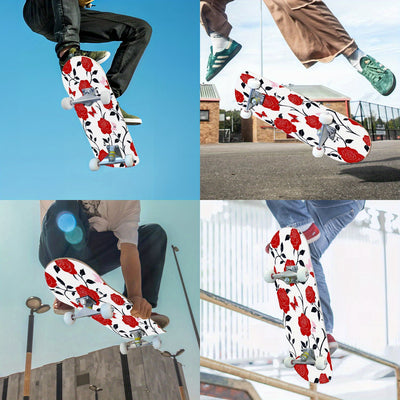 Advanced Maple Skateboard - 7-Layer Recycled Wood Deck with Double Kick Concave Panel, Precision Bearings Red Roses and Pink Butterflies Floral Pattern on White Background All Skill Levels, Multi-Functional for Skateboarding,